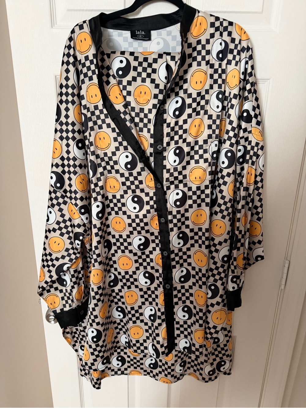 Dressed in LALA Black, White & Yellow Smiley Yin-Yang Button-Front Romper